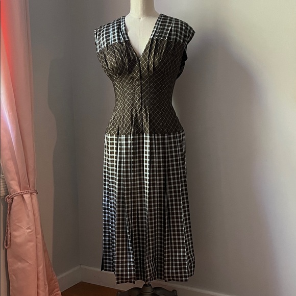 NWT Tory Burch Brown and Blue Pleated Claire Check Corset Midi Dress - Picture 1 of 5